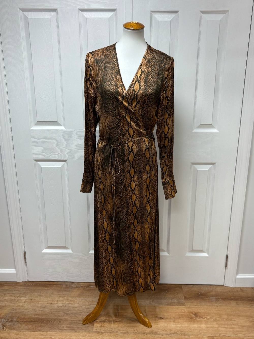 Andamane Beverly Brown Snake Print Long Sleeve Wrap Dress - Size M.